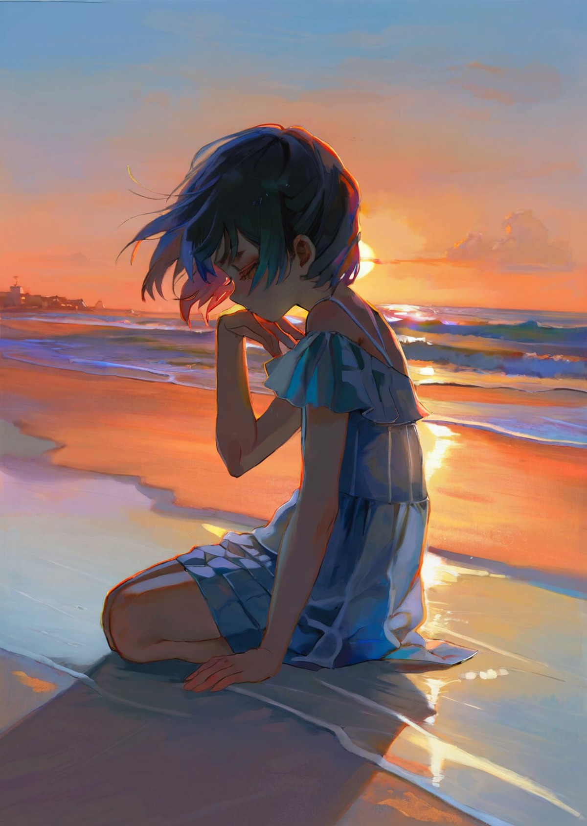 by ziyun by krenz by yogisya
1girl ,   
dutch angle, 
sad
teardrop, 
sunset , beach
shadow,  dramatic lighting